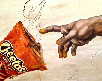 Creation of man and of God into Cheetos bag with cheese dust. Artist signed print, multiple variations.