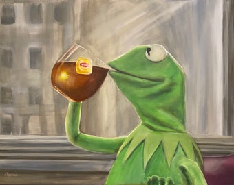 Kermit drinking tea with window and light coming behind him. Meme, artist signed print.  High quality print with various options.