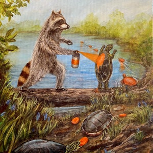 Raccoon spray painting turtles, so they can be buoys for his water skiing. Artist signed print, multiple variations.