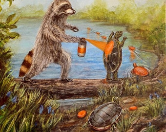 Raccoon spray painting turtles, so they can be buoys for his water skiing. Artist signed print, multiple variations.