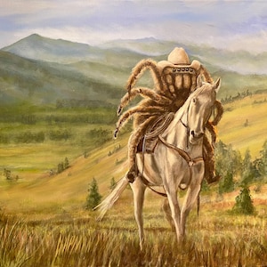 Tarantula rancher, cowboy tarantula riding a horse through the wheat fields and hills of grasslands. Blue and green Mountains in the background. Tarantula spider wearing a cowboy hat, a rope and saddle on a beautiful white horse.