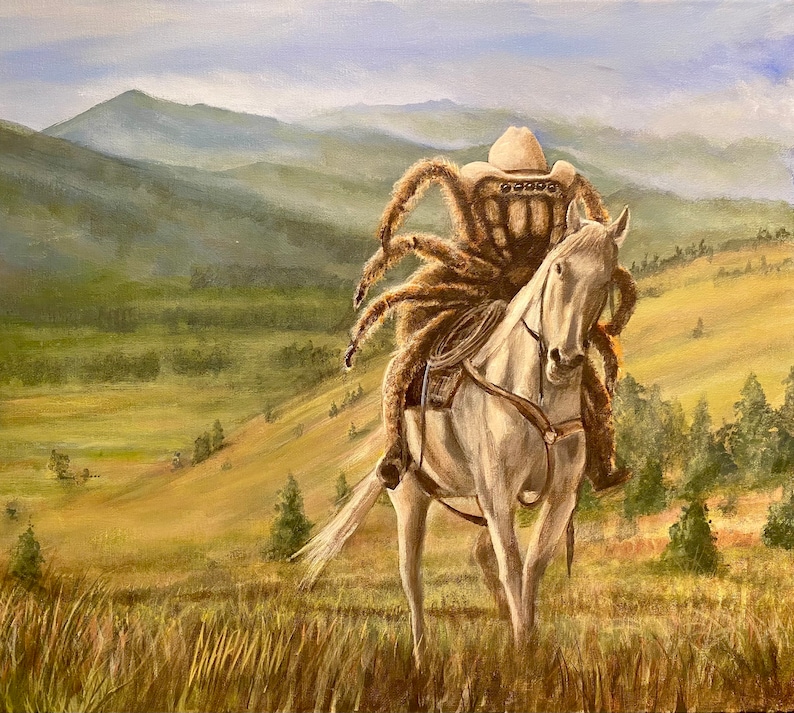 Tarantula rancher, cowboy tarantula riding a horse through the wheat fields and hills of grasslands. Blue and green Mountains in the background. Tarantula spider wearing a cowboy hat, a rope and saddle on a beautiful white horse.