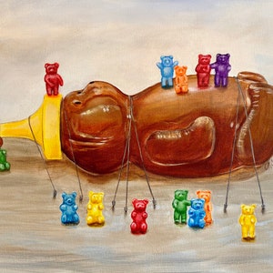 Gummy Bears subdue a honey bear. Artist signed print, multiple variations.