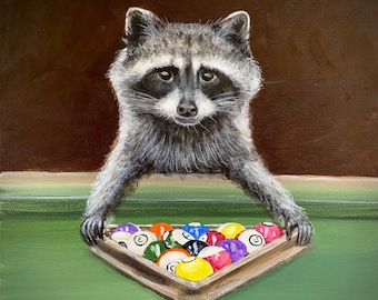 Raccoon racking billiard balls playing pool. Artist signed print. Multiple variations.