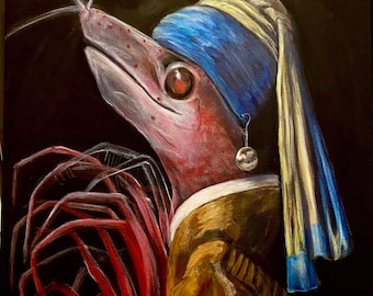 Krill with a pearl earring. Artist signed, digital print. Multiple sizes