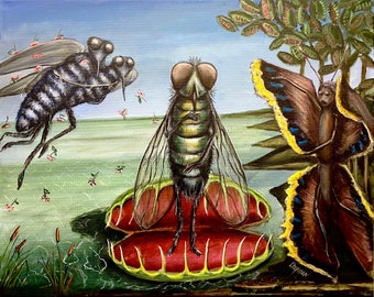 The birth of Venus fly trap. Housefly in a Venus fly trap Botticelli inspired. Original acrylic painting 16” x 20”. Artist signed.