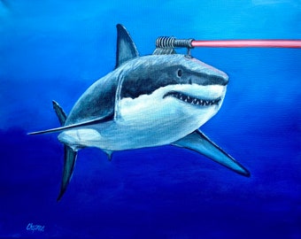 Laser shark print. Shark with a frickin’ laser beam attached to its head. From Austin Powers. Artist signed print, multiple variations.