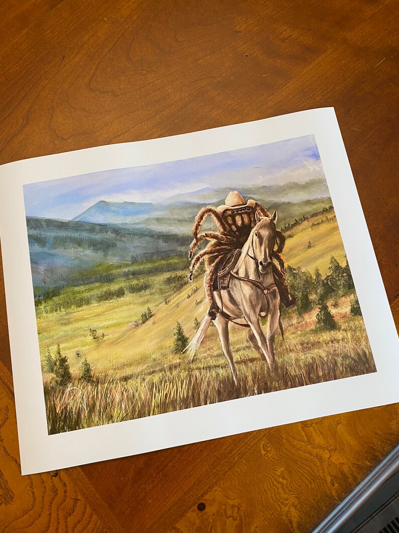 Tarancherla Tarantula rancher wearing a cowboy hat and riding a horse. Artist signed print. Multiple variations. image 2