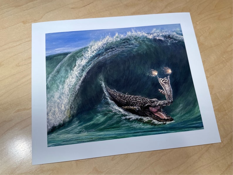 My wave raccoon surfing on a large alligator sea Croc. Artist signed print. Multiple variations. Great gift for raccoon fans. Kip and Cyrus image 3