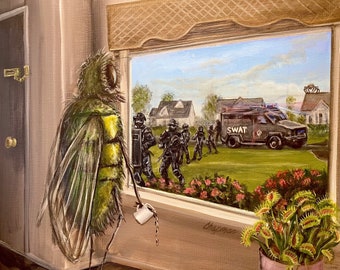 Fly get swatted by swat team. Fly looking out the window as swat team approaches. Artist signed print. Multiple options.