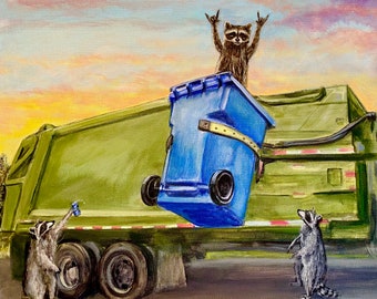 King of the raccoons. Triumphant raccoon rides Trash can into truck. Artist signed print. Multiple variations.