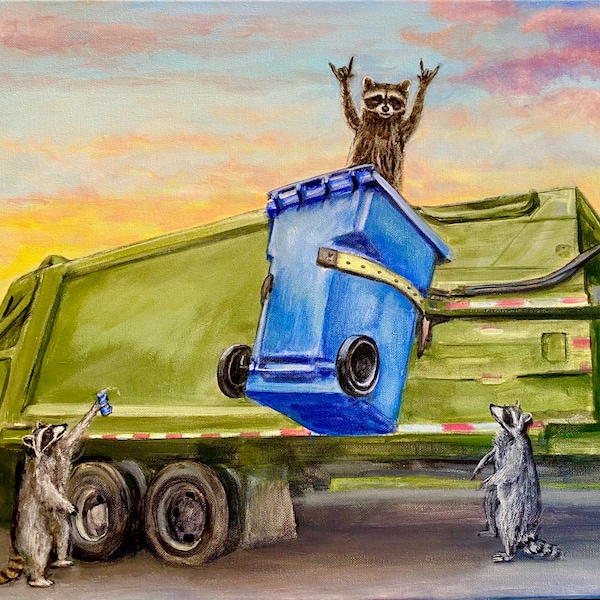 King of the raccoons. Triumphant raccoon rides Trash can into truck. Garbage boys. Artist signed Original acrylic painting on canvas.