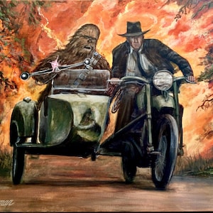 Chewbacca and Indiana jones on a motorcycle with a sidecar from Indiana Jones and the last Crusade, artist signed print.