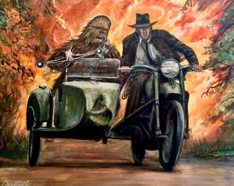 Chewbacca and Indiana jones on a motorcycle with a sidecar from Indiana Jones and the last Crusade, artist signed print.