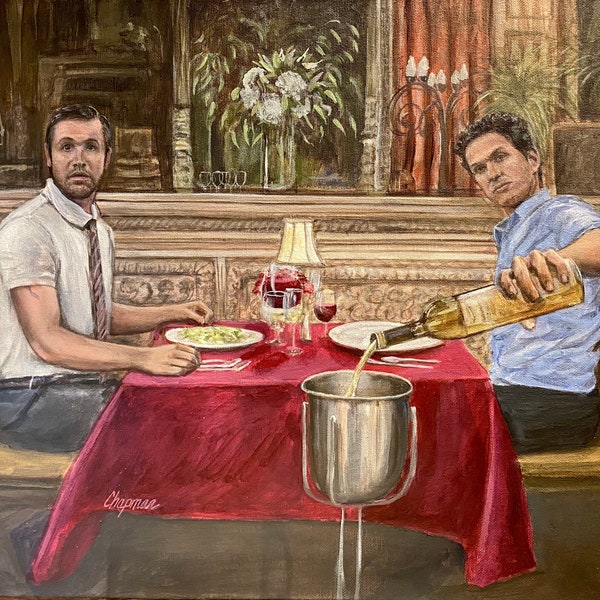 Dennis pours out wine that Frank sent from "The gang dines out" with Always sunny in Philadelphia. Artist signed print.