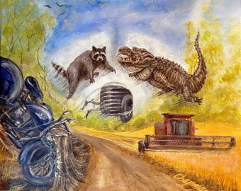 Kip and Cyrus, raccoon and an alligator crash a  motorcycle with a Sidecar. Original painting 16” x 20” on stretched canvas. Artist signed.