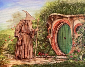 Gandalf knocking on Bilbo Baggins Door. "And what about very old friends?" Artist signed print, multiple variations.