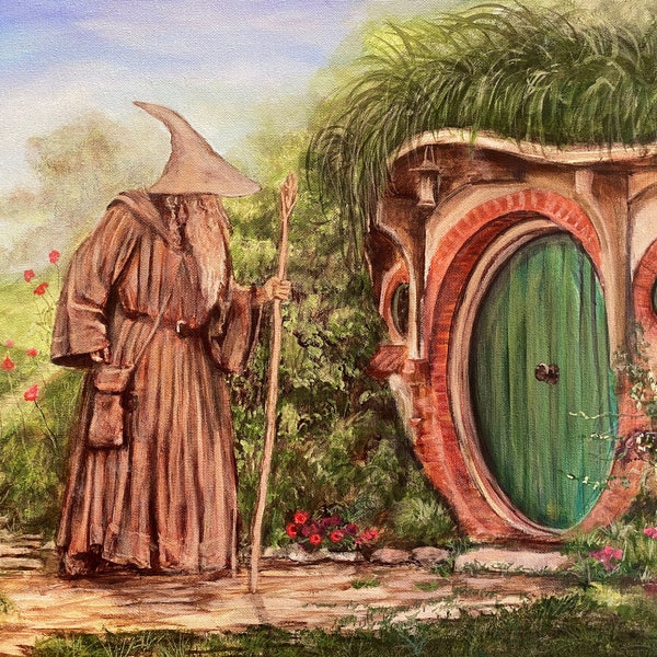 Gandalf knocking on Bilbo Baggins Door. "And what about very old friends?" Artist signed print, multiple variations.
