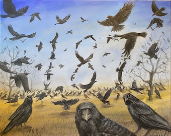 A murder of crows group of crows in the shape of a 187.  16” x 20” original acrylic painting