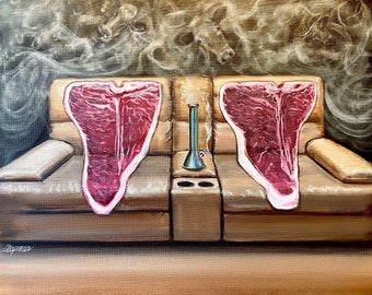 The stakes are high. Steak smoking weed. Artist signed print, multiple options.