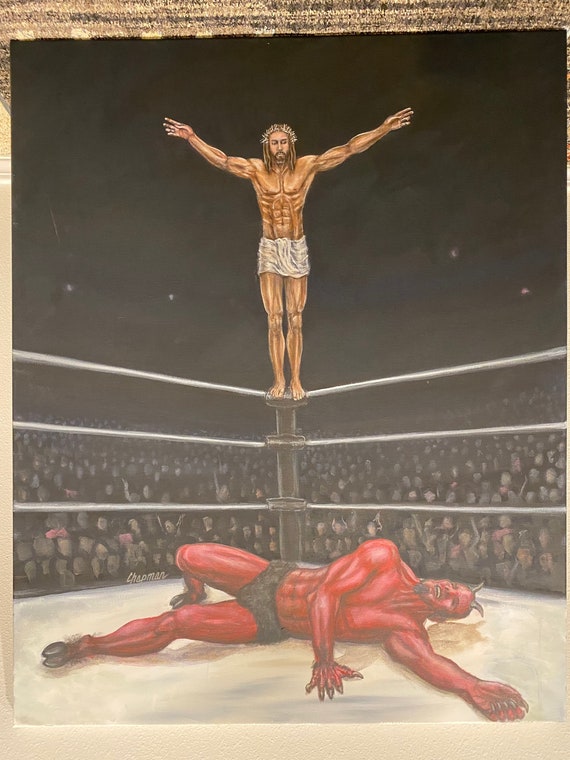 Jesus Beats the Devil in a Pro Wrestling Match Jesus on the Top Rope in the T  Pose Ready to Slam Satan Artist Signed Print. Handmade 