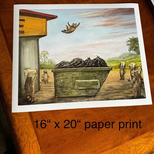 Raccoon Dumpster diving at the Waffle House. Kip the Raccoon diving into a dumpster. Artist signed print. Multiple variations. image 3