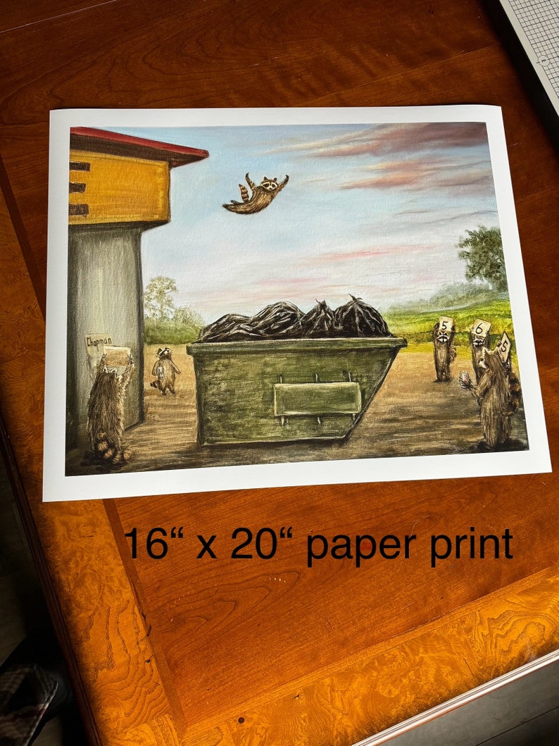 Raccoon Dumpster diving at the Waffle House. Kip the Raccoon diving into a dumpster. Artist signed print. Multiple variations. image 3