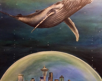 Seattle atlantis. Whale swimming over Seattle in a bubble dome. Artist signed original painting. Gallery wrapped 30"x24"x1.5" on canvas.