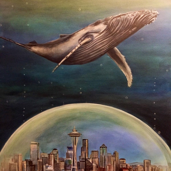 Seattle atlantis. Whale swimming over Seattle in a bubble dome. Artist signed original painting. Gallery wrapped 30"x24"x1.5" on canvas.