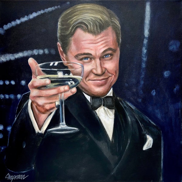 Leo DiCaprio doing the toast from the Great Gatsby Leonardo DiCaprio holds a glass of champagne. Cheers! Artist signed print.