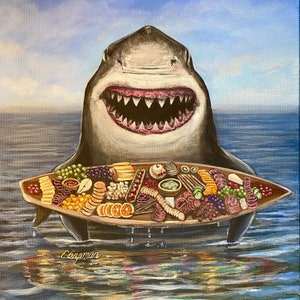 Sharkuterie. Shark holding a charcuterie board. Artist signed print. Multiple sizes. Great gift for Shark and charcuterie enthusiasts.