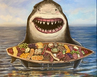 Sharkuterie. Shark holding a charcuterie board. Artist signed print. Multiple sizes. Great gift for Shark and charcuterie enthusiasts.