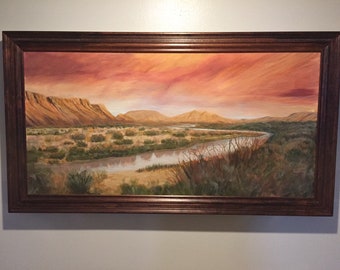 Desert river original acrylic painting 48” x 24” framed mountains and sagebrush with  a sunset sky