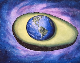 Earth in an avocado pit with galaxy background In outer space 16“ x 20" print