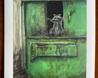 Raccoon opening dumpster door. Bouncer at Raccoon Rave. Artist signed print. Multiple variations.