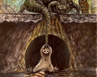 Raccoon and gator help save baby turtles. A raccoon and alligator team up to save some baby turtles. Artist signed print. Multiple options.