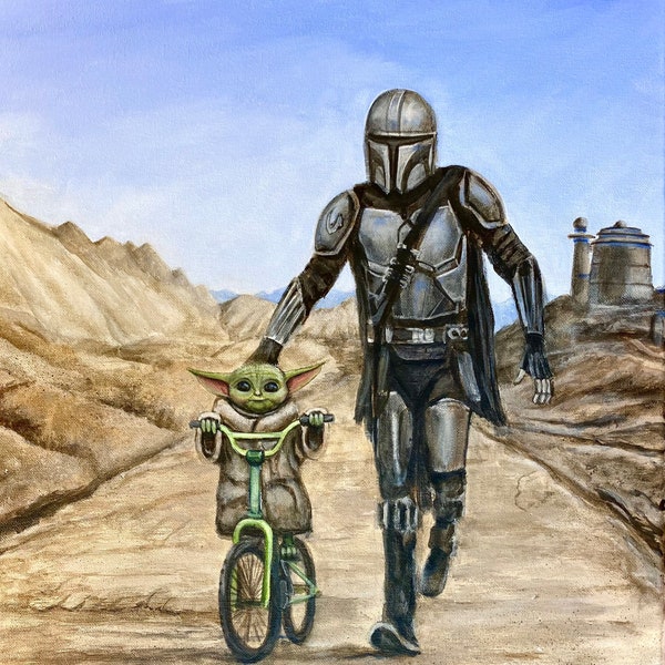 Mandalorian teaches baby Yoda how to ride a bike. Artist signed print.