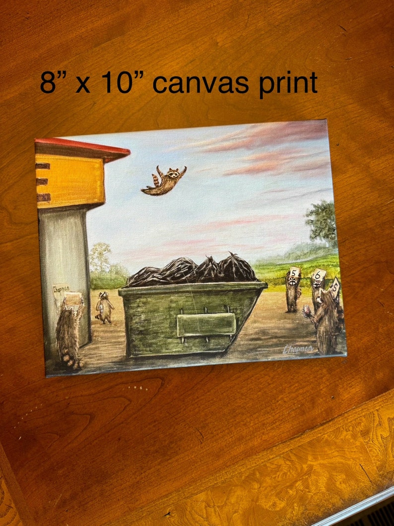 Raccoon Dumpster diving at the Waffle House. Kip the Raccoon diving into a dumpster. Artist signed print. Multiple variations. image 2