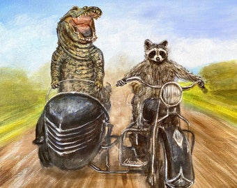 A raccoon and an alligator go for a ride on a motorcycle with a Sidecar. Kip and Cyrus go for a joyride. Artist signed print. Great gift!