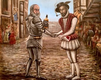 Sir Walter Raleigh smoking Mario Bros meets Sir Osis of the liver Drinking Jack Daniels . 16"x20" original acrylic painting