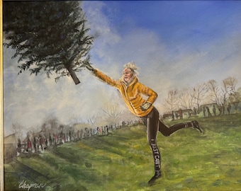 Tree throwing champion woman in yellow coat original acrylic painting 16” x 20”
