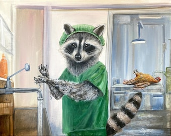 Artist signed print Dr. Cleanpaws. Raccoon surgeon washing up before surgery washing his hands
