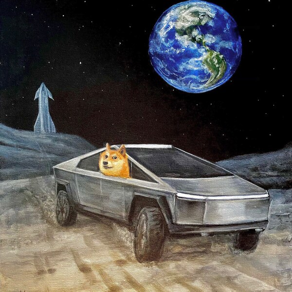 16”x20” print. Tesla truck with dog meme Doge driving on the moon with the earth in the background