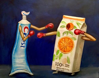 Bitter enemies, Orange juice versus toothpaste boxing match. Artist signed print. Multiple sizes.