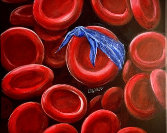 Red blood cell with a blue crip bandanna 16” x 20” original acrylic painting. Artist signed.