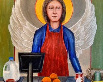 Heroic grocery store worker. Original acrylic painting. 16“ x 20“ on stretched canvas.