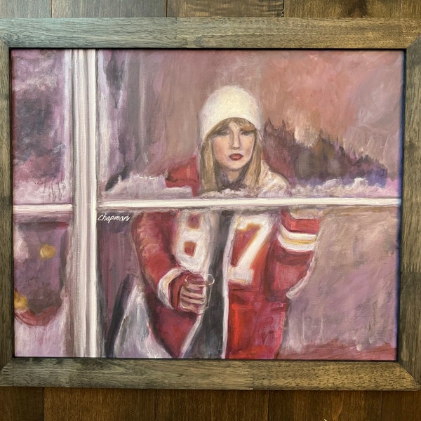 Taylor Swift in the luxury box seats with custom Chiefs, jacket, cold weather, windows frozen. Original acrylic painting 16” x 20"