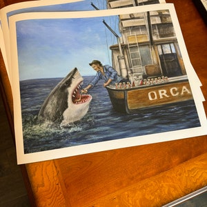 Jaws drinks a beer with Quint. Drinking Buddies. Quint pours a beer into Jaws mouth. Shark drinking a beer. Artist signed print. Great Gift image 4