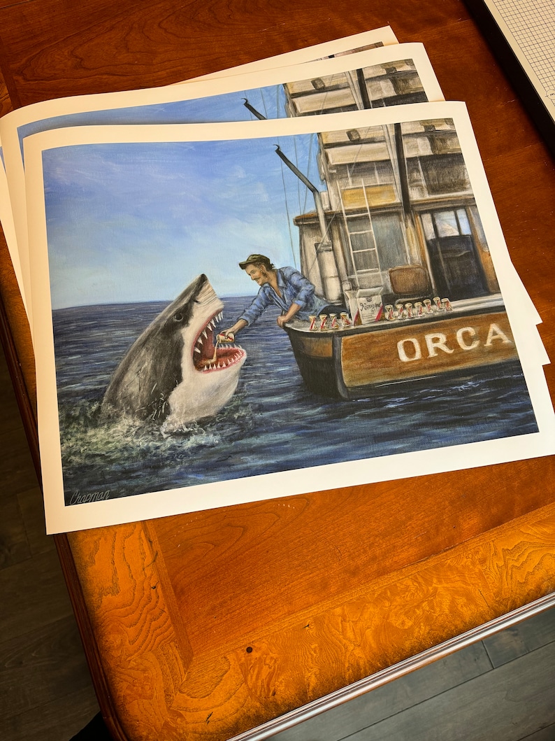Jaws drinks a beer with Quint. Drinking Buddies. Quint pours a beer into Jaws mouth. Shark drinking a beer. Artist signed print. Great Gift image 4