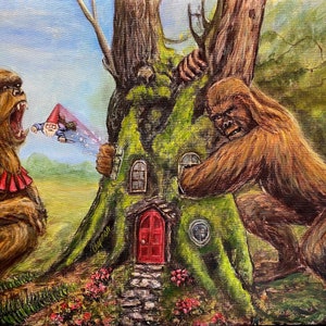 Gnome poppers. Sasquatch eating gnomes. Bigfoot couple snacking on gnomes. Artist signed print. Multiple variations.